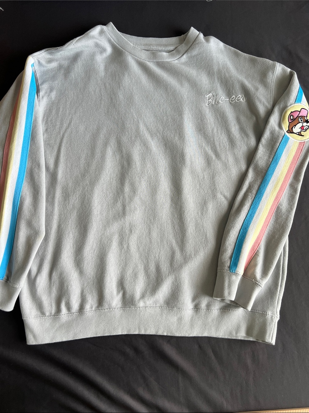 Buc-ces Light Gray Crewneck Sweatshirt with Pastel Stripe Sleeves